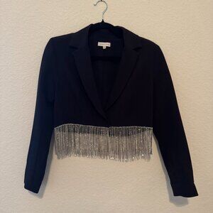 Gianni Bini Black Cropped Blazer with Rhinestone Fringe